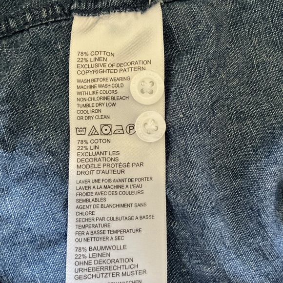 Tommy Bahama Embroidered Birds Floral Shirt Womens M Blue Linen Cotton Chambray - Picture 7 of 10